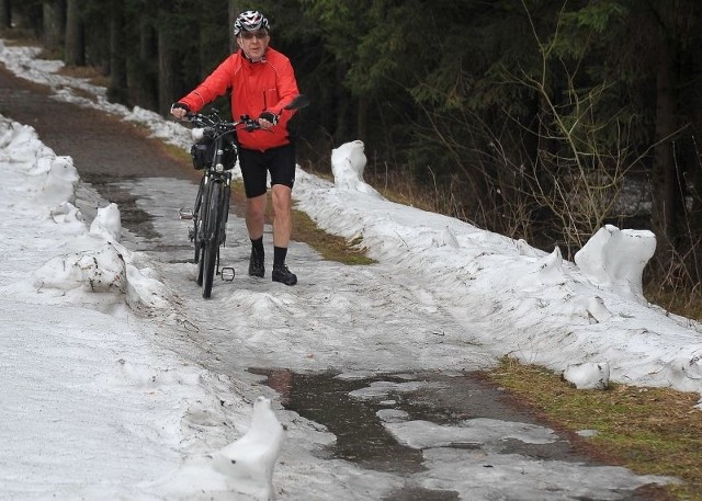 Na ścieżce z Białegostoku do Supraśla ciągle leży śnieg. Rowerzyści muszą schodzić z rowerów albo wybierają jazdę szosą tuż obok.  