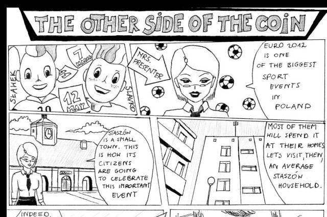 Tak prezentuje się fragment komiksu w którym uczniowie ze Staszowa pokazują jak w ich mieście będzie wyglądało piłkarskie święto.