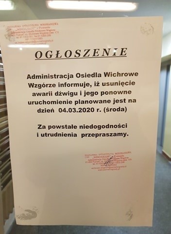 Poznań: Awaria windy sparaliżowała na dwa tygodnie życie mieszkańców na os. Wichrowe Wzgórze