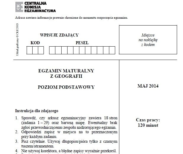 MATURA 2014 - GEOGRAFIA - ARKUSZE CKE, OPINIE, ODPOWIEDZI