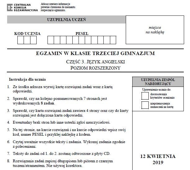 Egzamin gimnazjalny 2019 z CKE. Język angielski p. rozszerzony ARKUSZ I ODPOWIEDZI. Testy z j. obcego (angielski rozszerzony) 12.04.2019