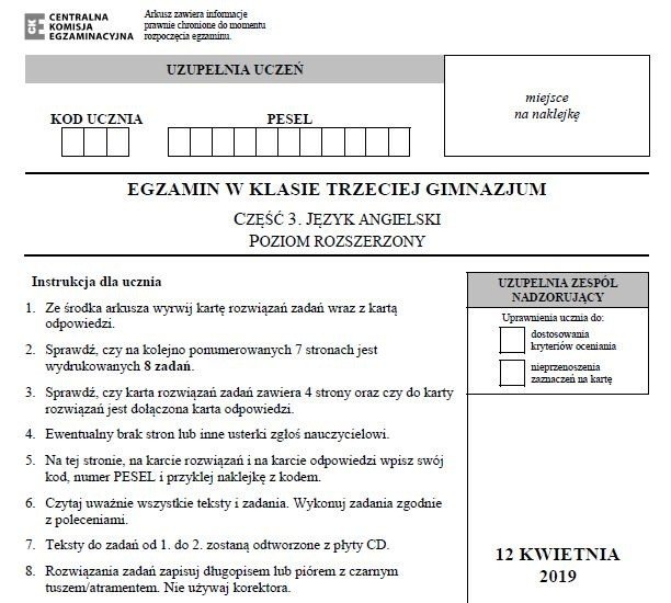 Egzamin gimnazjalny 2019 z CKE. Język angielski p. rozszerzony ARKUSZ I