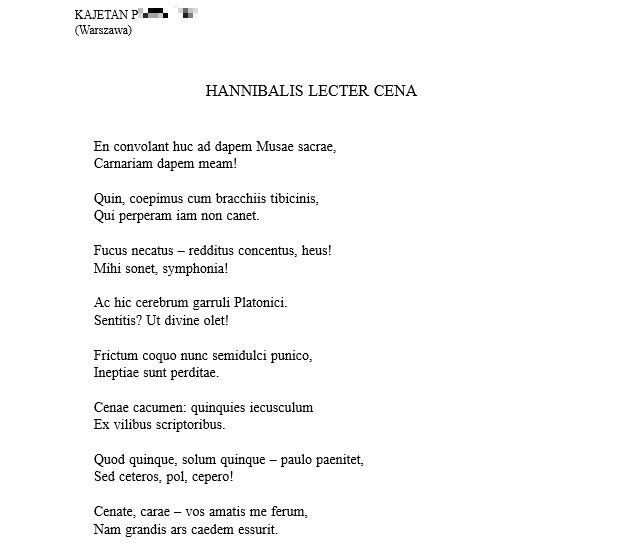Wiersz Kajetana P. pod tytułem "Hannibalis Lecter cena"