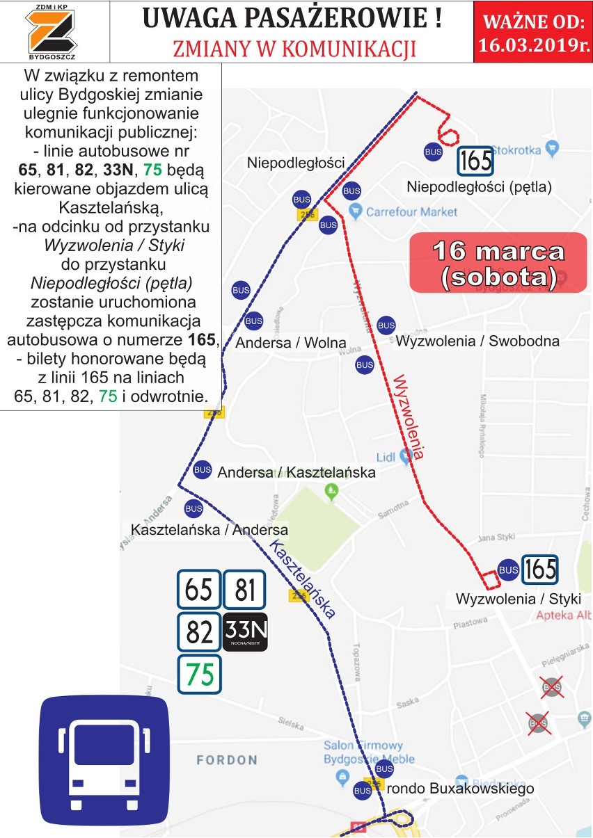 Zmiany w kursowaniu komunikacji miejskiej w Fordonie. Wszystko przez remont [MAPY]