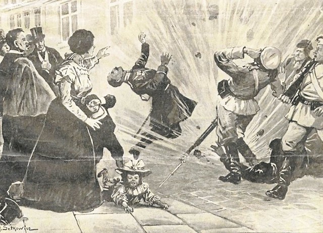 „Zamach dynamitowy na Woli”, rysunek z krakowskich „Nowości Illustrowanych”, 1 kwietnia 1905 r.