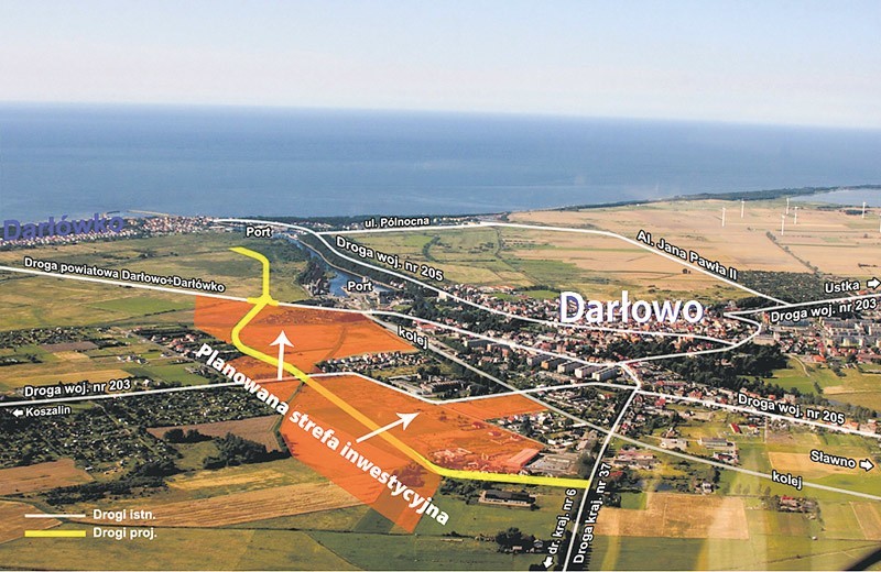 Port w Darłowie z zaznaczonymi nową trasą i strefami...