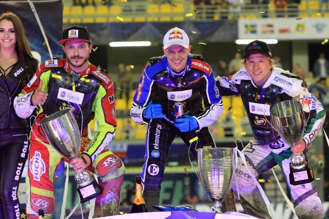 Podium pierwszego turnieju Speedway Euro Championship w Toruniu. Od lewej: Vaclav Milik, Jarosław Hampel  i Andrzej  Lebiediew