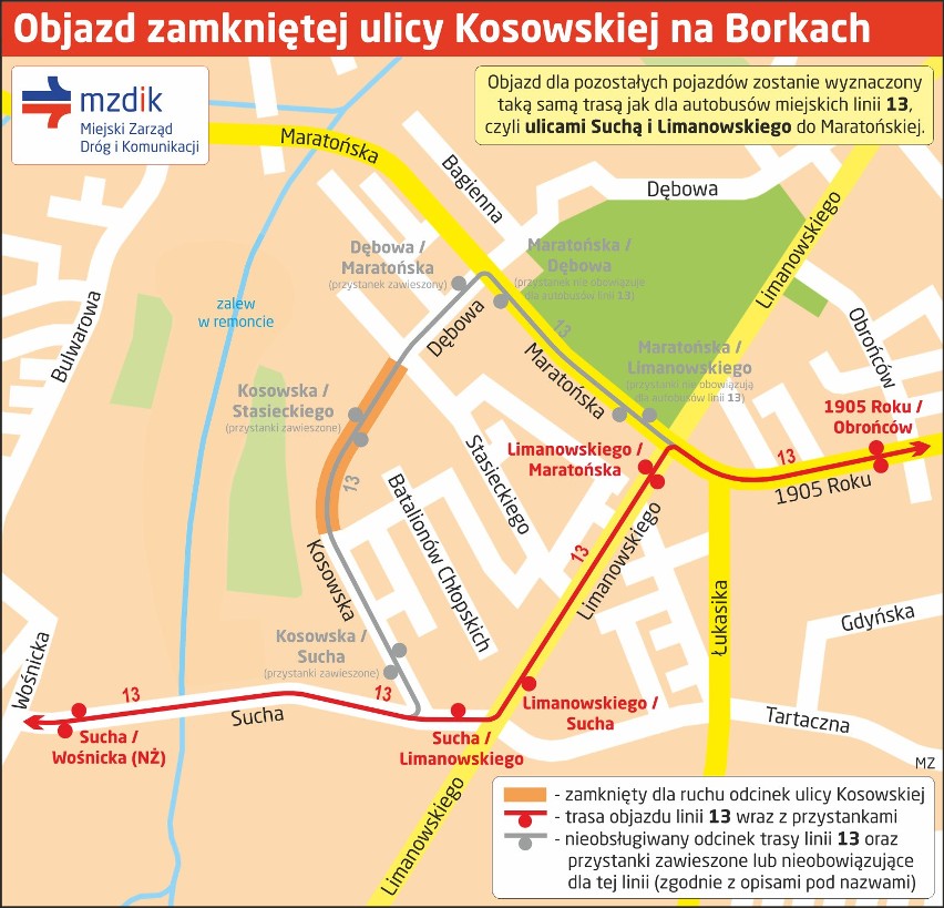 Radom. Zamknięta ulica Kosowska na Borkach. Autobusy będą jeździć objazdami