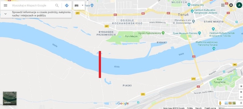 Poglądowa lokalizacja mostu tymczasowego na Wiśle w Toruniu,...