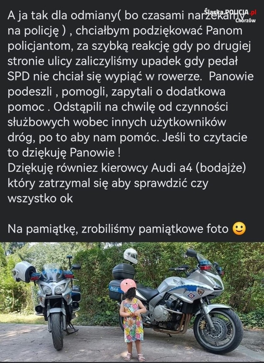 Chorzów. Policja pomogła przewróconemu rowerzyście z małym dzieckiem. Jakie są najczęstsze przewinienia kierujących jednośladami? 