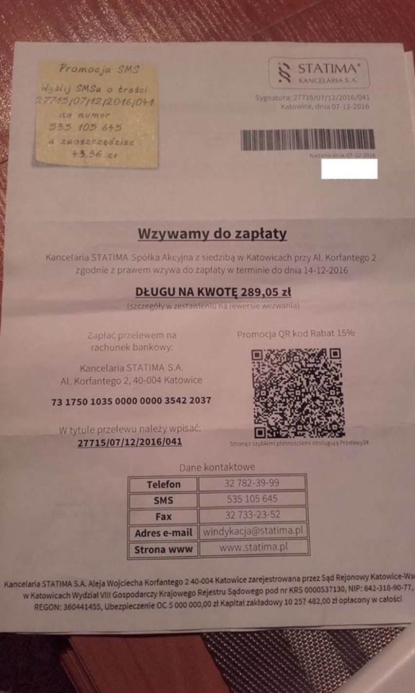 Wezwanie do zapłaty  od firmy Statima. Gapowicze mogą liczyć...