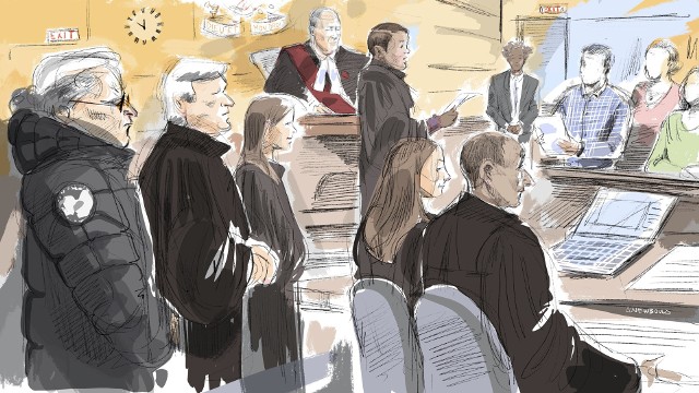 Szkic sali sądu w Kanadzie, który uznał byłego potentata modowego za winnego seksualnych prtzestępstw.