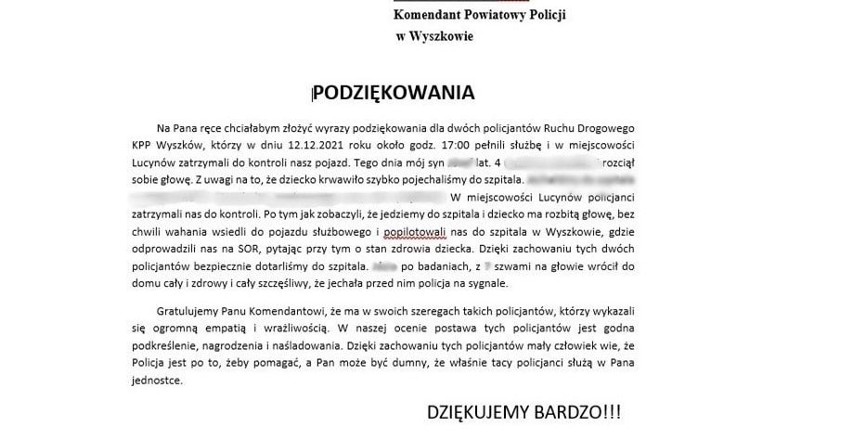 Wyszkowscy policjanci eskortowali rannego chłopca do szpitala. Rodzice dziękują mundurowym za pomoc