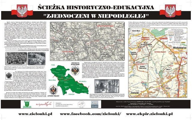 Główna tablica ścieżki historyczno-edukacyjnej "Zjednoczeni w Niepodległej". Zobacz tablice ze starymi mapami