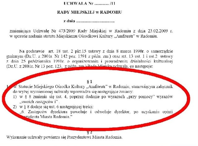 Żeby stworzyć nowy etat wystarczy mała zmiana. Od tej pory dyrektor będzie zarządzał Amfiteatrem przy pomocy "swoich zastępców i&#8221; głównego księgowego.