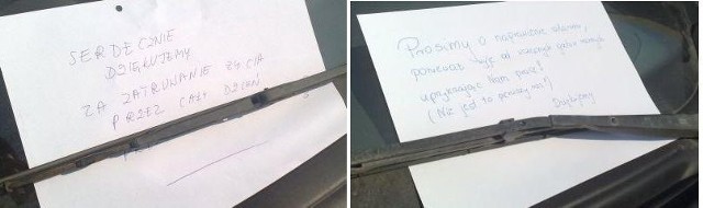 Ludzie zostawiają kartki na "wyjącym " samochodzie.