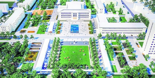 Wizualizacja przebudowy Placu Piłsudskiego z lotu ptaka, przed Miejskim Domem Kultury sadzawka, na obecnym betonowym parkingu teren zielony do rekreacji i jak widać sporo zieleni
