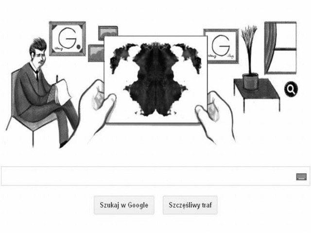 Czarno-biały rysunek ukazuje Hermanna Rorschacha, słynnego psychoanalityka