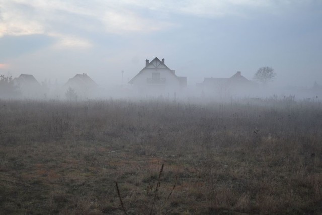 Widok we mgle z prowadzącej do Tuszyn ulicy Letniskowej na osiedle, które na razie nie ma nazwy. Urokliwie, ale ze względu na ciemności, także niebezpiecznie.