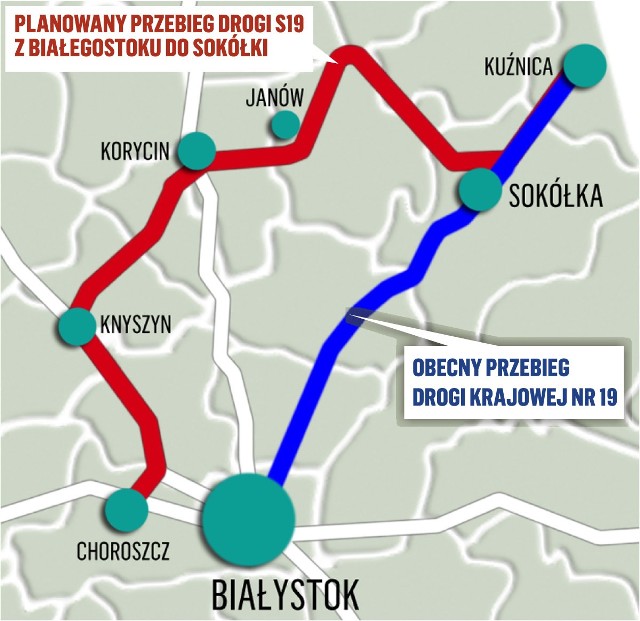 Obecny przebieg drogi ekspresowej S19 w Podlaskiem wynika z rozporządzenia rządu z 2009 roku. Jest o blisko 40 km dłuższy niż krajowa dziewiętnastka biegnąca m.in. przez Czarną Białostocką