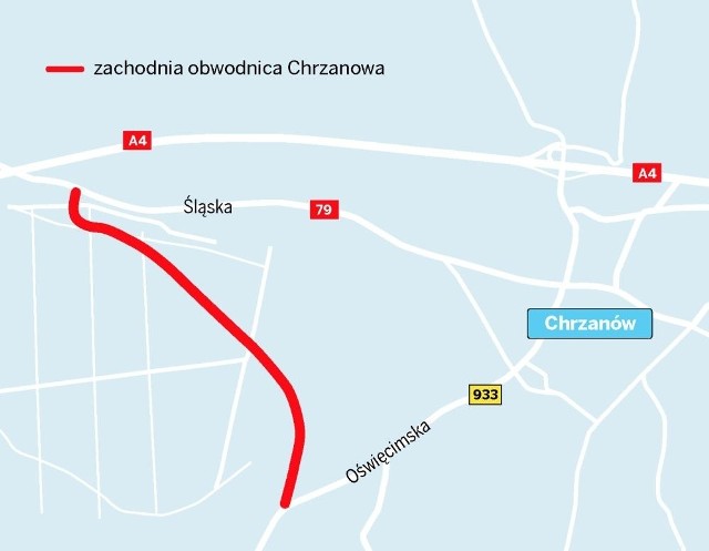 Obwodnica zachodnia Chrzanowa będzie biegła głównie po terenach  leśnych. Połączy autostradę A4 przy węźle Byczyna z drogą wojewódzką 933 na Oświęcim. Ma mieć długość trzech kilometrów