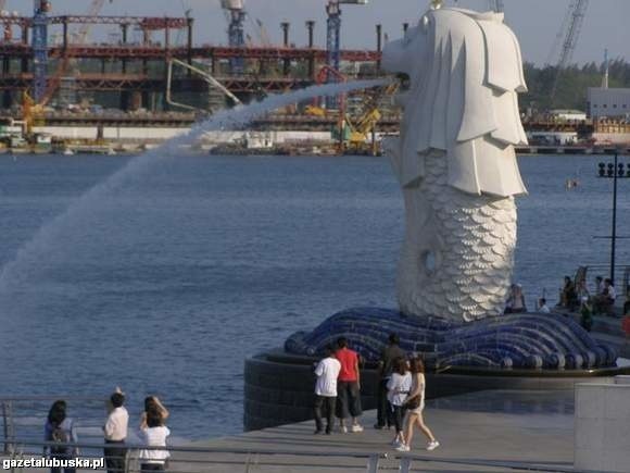 Merlion, czyli ryba z głową lwa siedząca na fali - symbol Singapuru - zaprojektowany w roku 1964. Pomnik ma ponad 8 m wysokości i waży 70 ton. Zaprojektowany przez Lim Nang Senga. Odlany z cementu (fot. Maciej Wilczek)