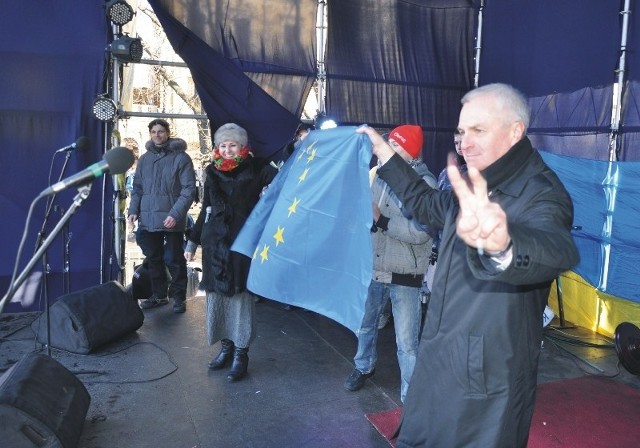 Robert Choma, prezydent Przemyśla, na wiecu we Lwowie.