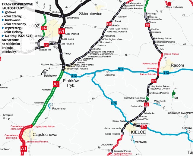 Trasy ekspresowe i autostrady: gotowe - kolor czarny,budowane - kolor czerwony,w przetargu - kolor zielony,Na drogi (S12 i S74) zaznaczone na niebiesko brakuje pieniędzy.