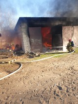 Pożar w Nowym Sielcu, gm. Rzewnie. 26.04.2021 ogień zajął budynek gospodarczy i garaż. Spaleniu uległ samochód osobowy. Zdjęcia