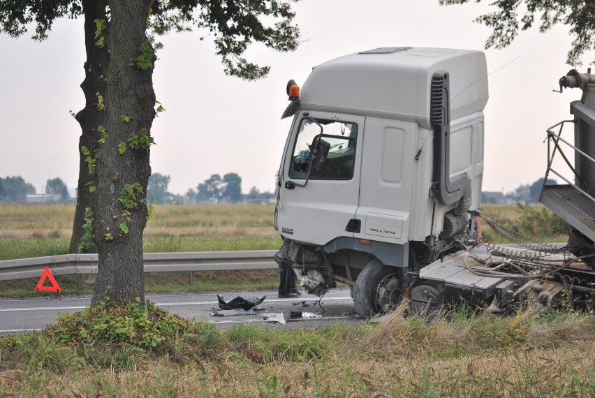 Tragiczny wypadek pod Sieradzem. Jedna osoba nie żyje po czołowym zderzeniu z tirem [ZDJĘCIA]