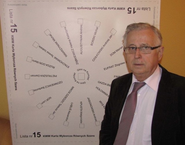 Jerzy Ząbkiewicz i jego powiększona karta. Zdjęcie z 2013 roku