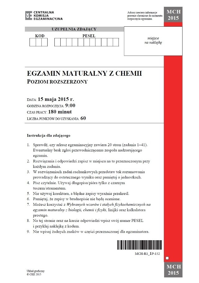 Matura 2015 chemia dla LO - poziom rozszerzony ARKUSZ CKE, ODPOWIEDZI |  Gazeta Wrocławska