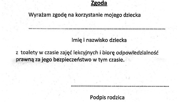 Zgoda na korzystanie przez dziecko z toalety podczas zajęć