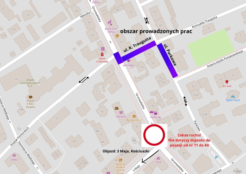 Prace drogowe w Sopocie: Nocne zamknięcie na odcinkach ul. Grunwaldzkiej i Traugutta 20–21 stycznia 2022