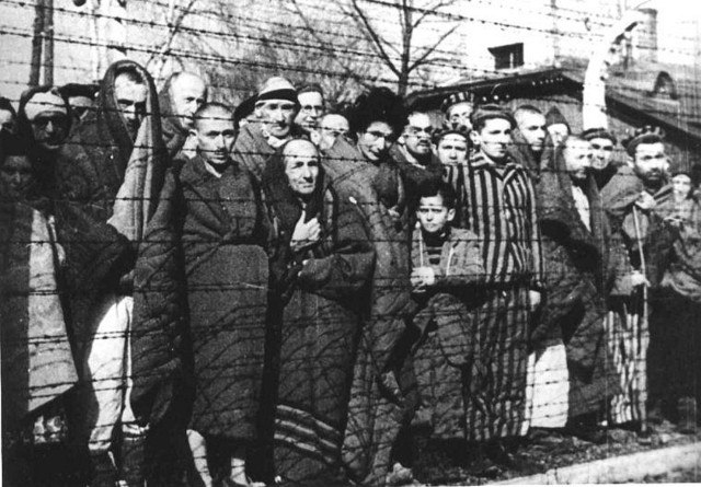 W chwili wkroczenia wojsk Armii Czerwonej do niemieckiego obozu Auschwitz znajdowało się tam ok. 7 tys. najbardziej wycieńczonych więźniów, w tym dzieci. Wyzwoleni więźniowie obok wartowni (Blockführerstube) przy bramie do obozu macierzystego