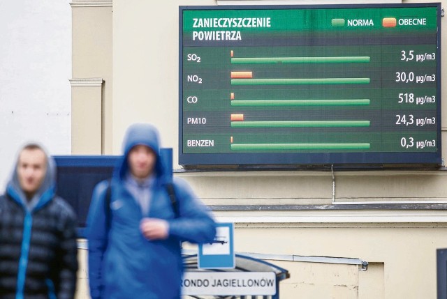 Tablica na rondzie Jagiellonów informuje o stopniu zanieczyszczenia powietrza w Bydgoszczy. Pokazuje (od góry) stężenia: dwutlenku siarki, dwutlenku azotu, tlenku węgla, pyłu PM10 i benzenu. Wczoraj wyniki nie były złe