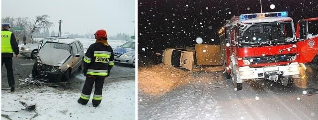 Z lewej po zderzeniu fiata uno z ciężarowym jelczem w miejscowości Cierno w powiecie jędrzejowskim, z prawej dostawczy iveco wywrócił się w Łagowie.