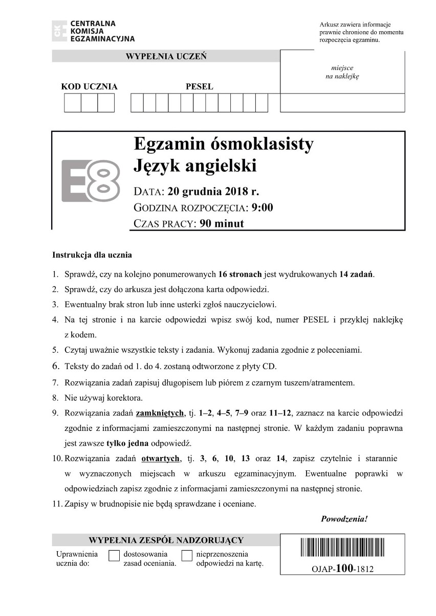 Egzamin ósmoklasisty 2019 JĘZYK ANGIELSKI [ODPOWIEDZI I ARKUSZE PYTAŃ CKE - 17 kwietnia] Pytania były raczej łatwe