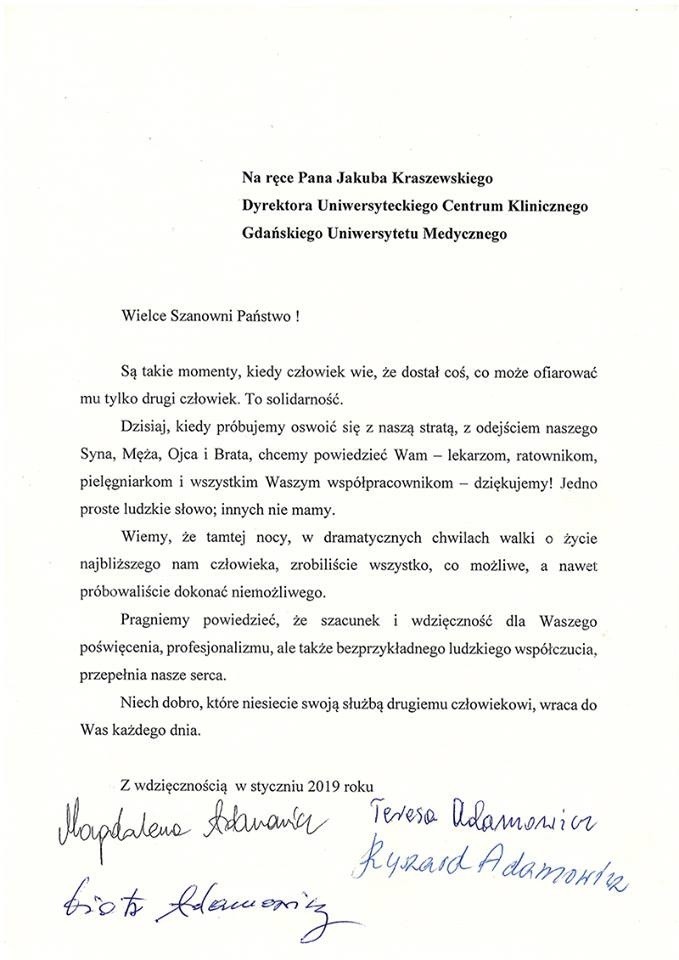 List rodziny Pawła Adamowicza do UCK. Podziękowania dla lekarzy, ratowników i pielęgniarek za walkę o życie prezydenta Gdańska