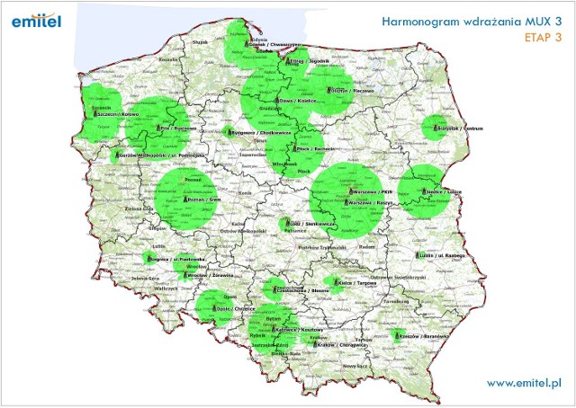 Zielonym kolorem oznaczono miejsca, gdzie można juz odbierać sygnał z trzeciego multipleksu; w praktyce w tych miejscach można odbierać wszystkie programy polskiej cyfrowej telewizji naziemnej. W'uprzywilejowanej" sytuacji sa północe rejony regionu radomskiego.