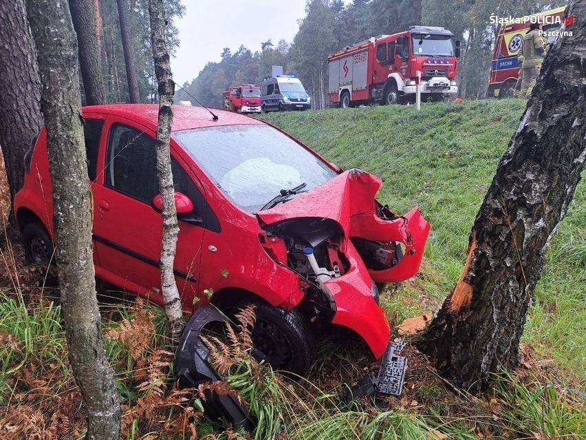 Groźny wypadek na DK1 w Kobiórze. Samochód wypadł z drogi i...