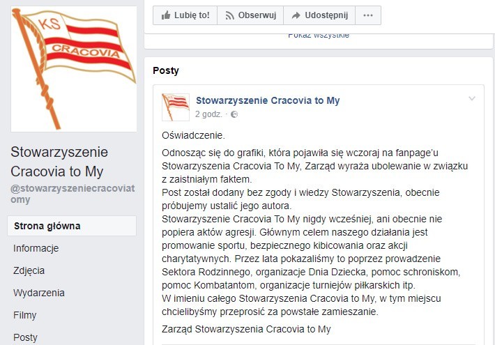 Screen z Facebooka Stowarzyszenia "Cracovia To My"