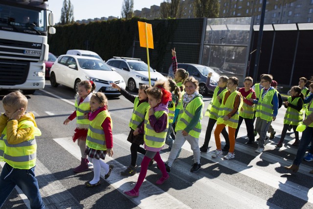 Uczniowie ze Szkoły Podstawowej nr 21 w Krakowie  uczyli się w piątek bezpiecznie przechodzić po pasach w kamizelkach 