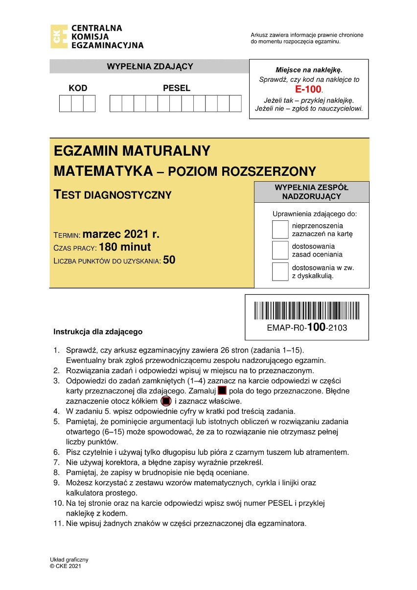 Próbna matura 2021 - matematyka rozszerzona  - arkusz CKE