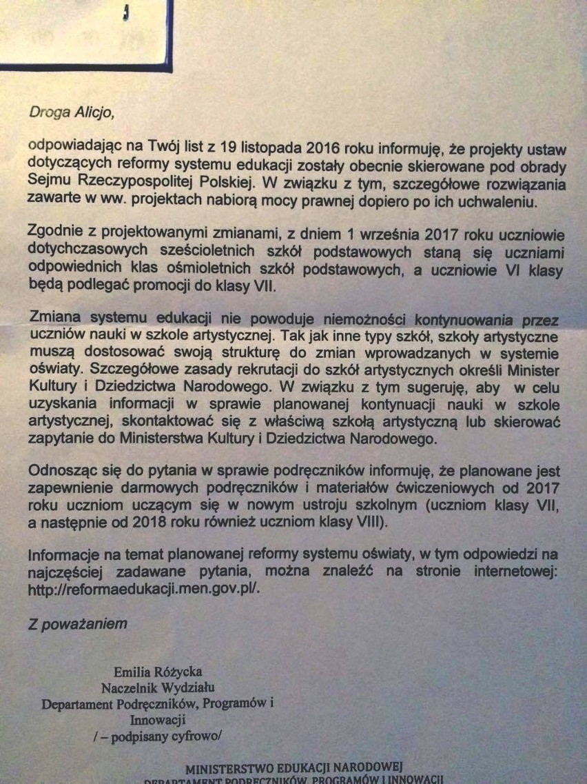 Alicja napisała list do minister edukacji narodowej Anny...