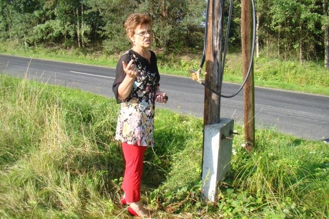 - Od tego słupa wycięto kable. Łącznie brakuje prawie półtora kilometra linii telefonicznej. I tak dzieje się co kilka dni - tłumaczy sołtys Elżbieta Noga