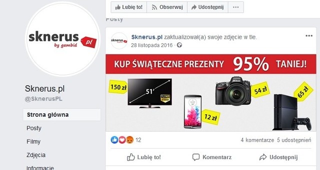 Tak reklamował się serwis sknerus.pl na portalu społecznościowym facebook
