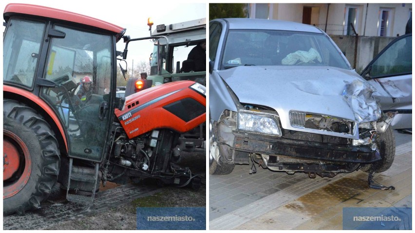 Wypadek na ul. Toruńskiej we Włocławku. Czołowe zderzenie osobowego volvo z traktorem [zdjęcia]