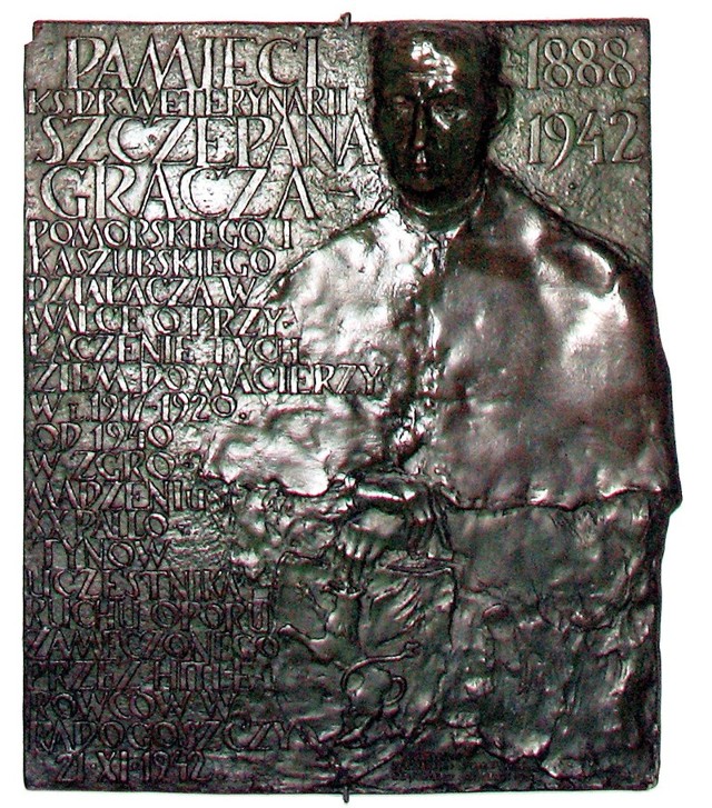 Pamiątkowa tablica upamiętnia Szczepana Gracza, lęborskiego "księdza Robaka&#8221;, znajdująca się w kościele pw. św. Jakuba w Lęborku.