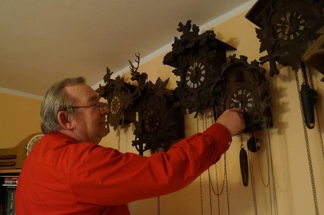 Pan Włodzimierz Ćwikła i część jego kolekcji zegarów z kukułką
